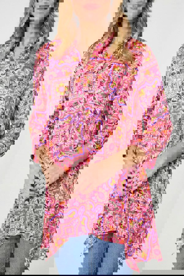 Pink | Mosaic Print 3/4 Sleeve Longline Blouse
