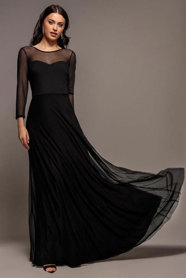Sheer Sleeve Dobby Mesh Sweetheart A Line Maxi Dress - Black DR5270
