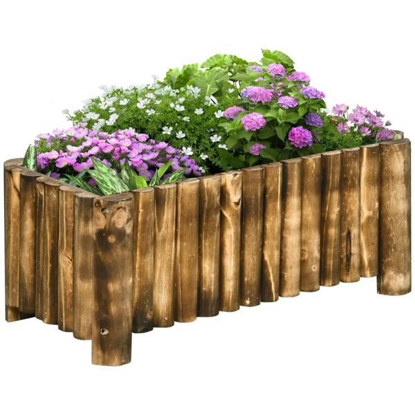 Raised rectangular wooden planter box with tall side slats for flowers and herbs