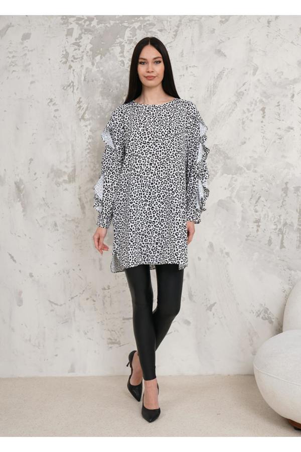 Hoxton Gal Oversized Long Ruffle Sleeve Relaxed Fit Tunic in Leopard Print