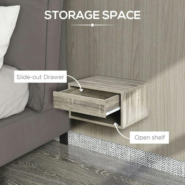 Grey wood-effect bedside table with slide-out drawer and open shelf storage space