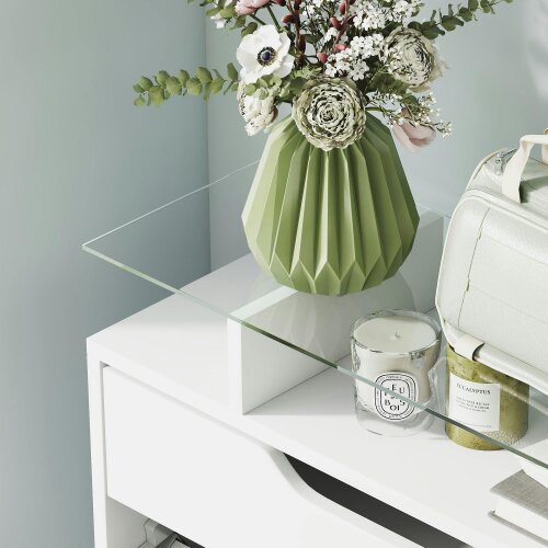 Wyld Haus Masola Wooden White Shoe Cabinet With Sliding Drawer 2 Flip Doors And Glass Top