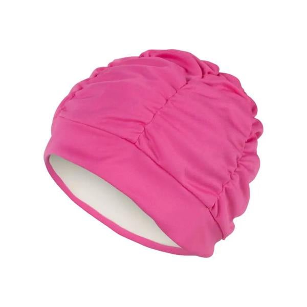 Hot pink Fashy pleated fabric swim cap with white lining and textured design
