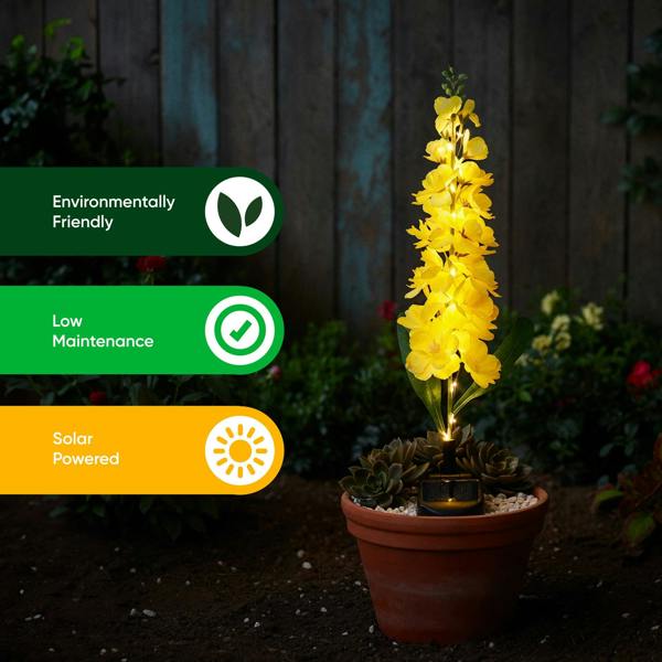 Gardenwize Yellow Delphinium Solar Stake Light – 20 Warm White LED Garden Light