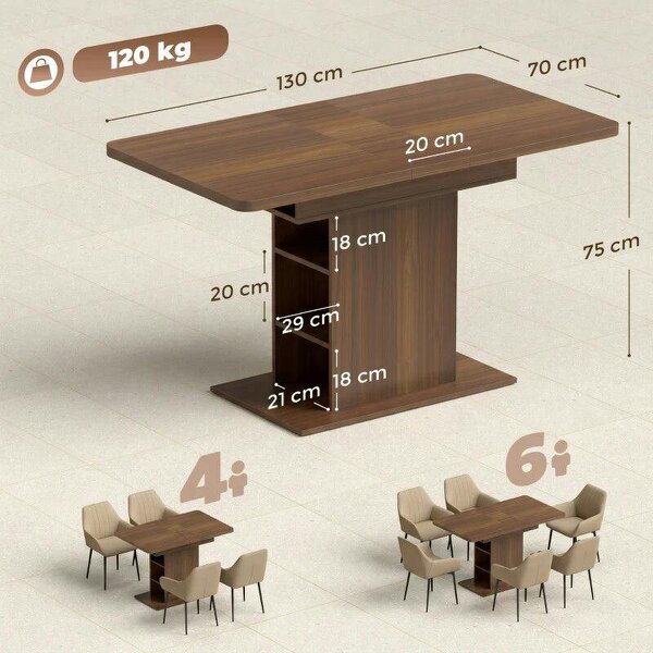 Extendable Dining Table for 4-6 People, 110-130cm Kitchen Table with 6 Open Shelves, Walnut Brown