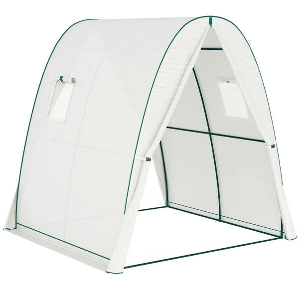 White walk-in hoop greenhouse tunnel with two open doors and screen side windows