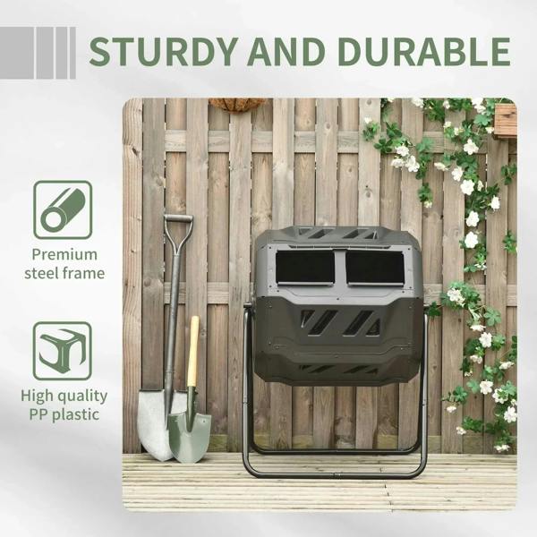 Black dual-chamber composter with green doors and premium steel frame