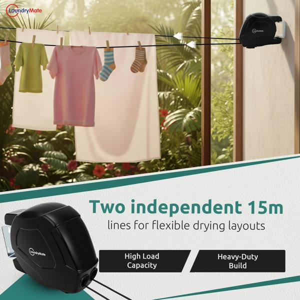 Laundry Mate Retractable Washing line – Duo Reels 30 & 26M Heavy Duty Extendable Washing Line with Twin Cable & Wall Mounted