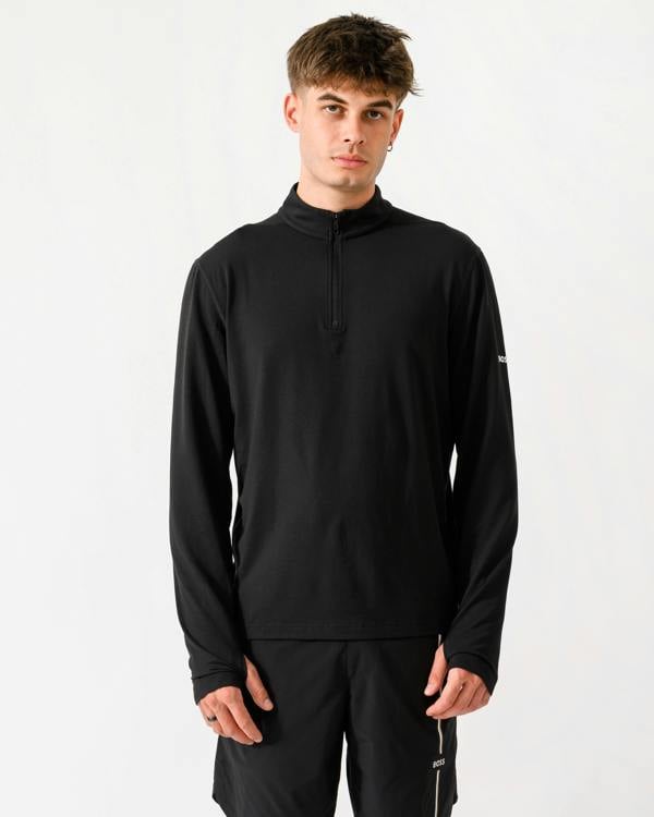 model wearing a BOSS Green SW Active Mens Quarter Zip Sweatshirt in Black 001