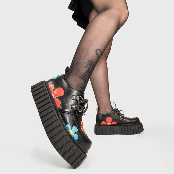 Lamoda Give A Little Black PU Multi-Flower Chunky Platform Creeper Shoes