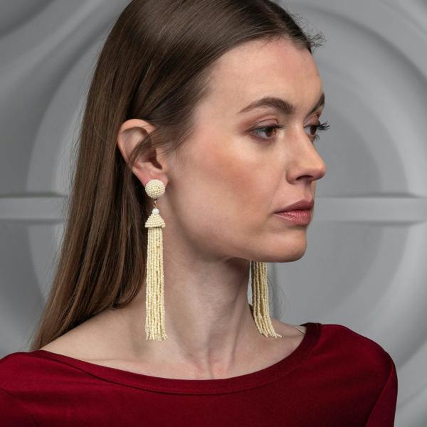 Long Off White Beaded Tassel Earrings for Women - namana.london