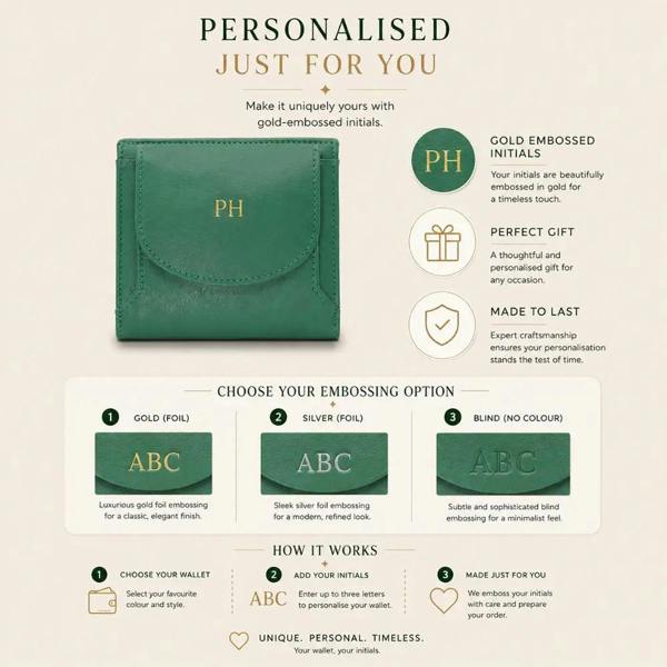 Green wallet with gold embossed initials on a beige background, featuring text about personalization options.