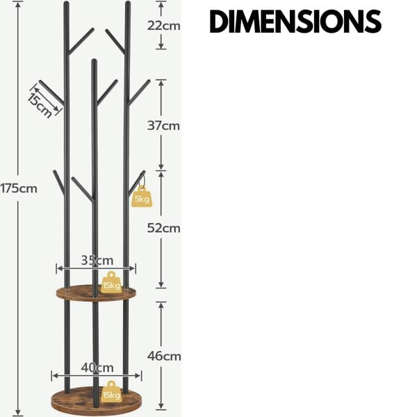 Rafaelo Mobilia Industrial Rustic Coat Stand With 2 Shelves