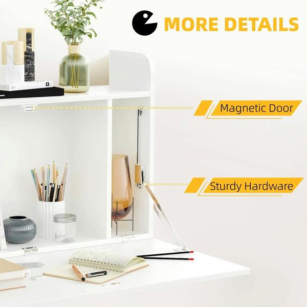 White wall-mounted drop-leaf desk with hinge strut and magnetic-style door hardware