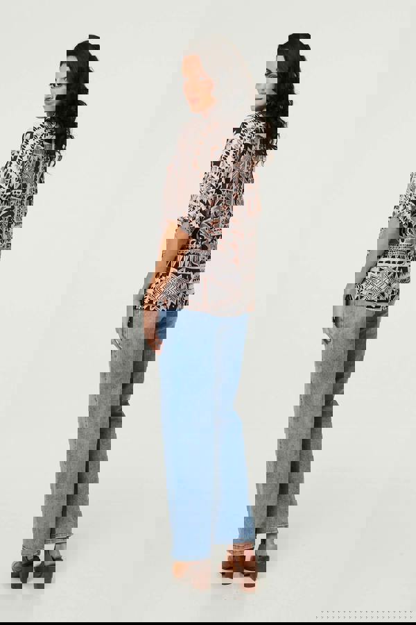 Brown | Abstract 3/4 Sleeve High Neck Shirt