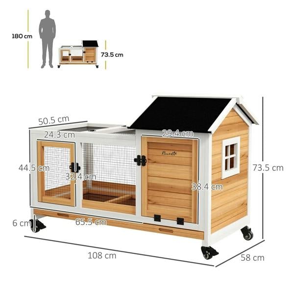 Wooden rabbit hutch with roof, front doors, and labeled dimensions for size