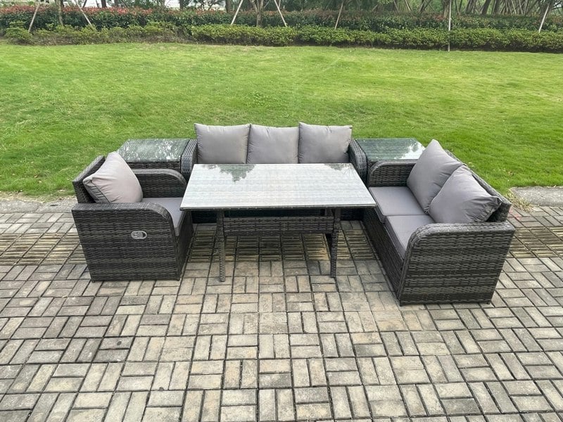 Fimous 6 Piece Rattan Garden Furniture Set with Patio Sofa Rectangular Dining Table 2 Side Table Indoor Conservatory Patio Set