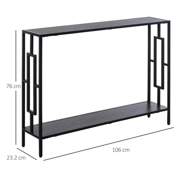 Grey and black narrow console table with open side panels and lower shelf