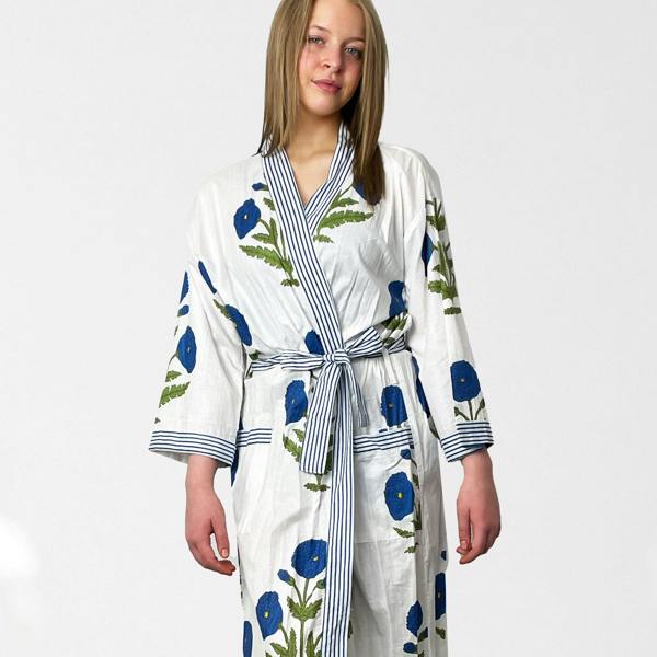 Hayley & Co White and Blue Flower Print 100% Cotton Dressing Gown