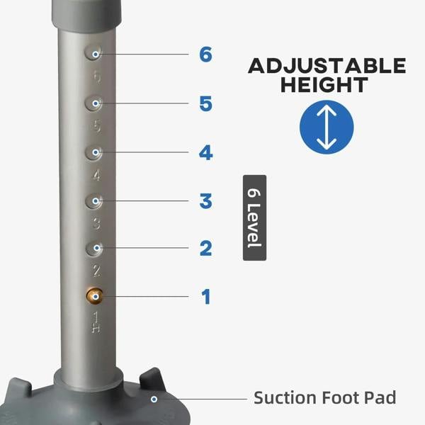 Adjustable height leg with numbered lever and suction foot pad