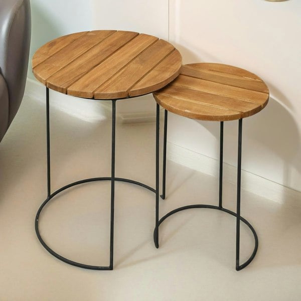 Rafaelo Mobilia Set Of 2 Round Teak Nesting Tables Rustic Brown