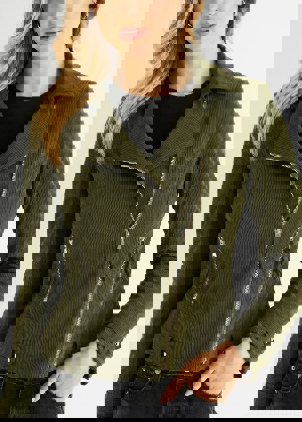 Gini London Khaki Corduroy Biker Zip Up Jacket