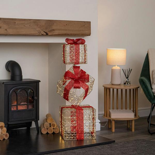 Samuel Alexander 96cm Gold Light Up Christmas Parcel Stack with 500 Warm White LEDs & Timer