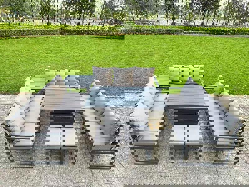 Fimous 11 Seater Aluminium Garden Furniture Set with Adjustable Rising Dining Table, Side Table, 2 Footstools - Dark Grey