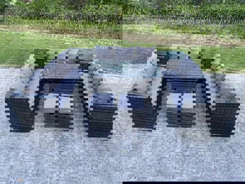 Fimous 11-Seater Dark Grey PE Wicker Rattan Outdoor Lounge Set | Rectangular Dining Table, 2 Footstools, 2 Side Tables