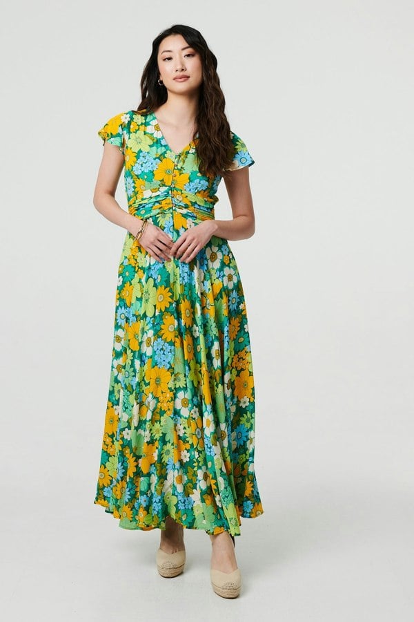 Green | Floral Ruched Cap Sleeve Maxi Dress
