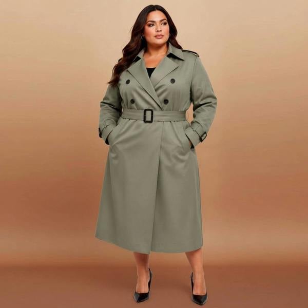 Sylvia Piechulla Plus Size Olive Green Water-Repellent Trench Coat | Oversized Relaxed Fit