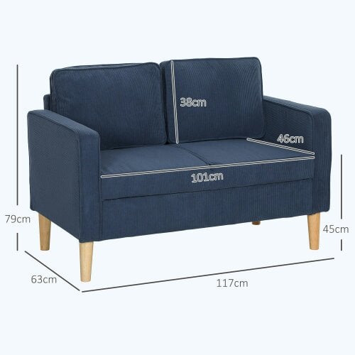 Wyld Haus Rozike Nodi Corduroy Blue Compact 2 Seater Sofa Natural Wooden Legs