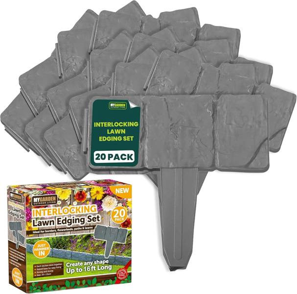 My Garden Outdoor Living Interlocking Lawn Edging Set 20 Pack – 16ft Long Hammer-In Garden Edging Borders - Cobblestone Border Design for Flower Beds