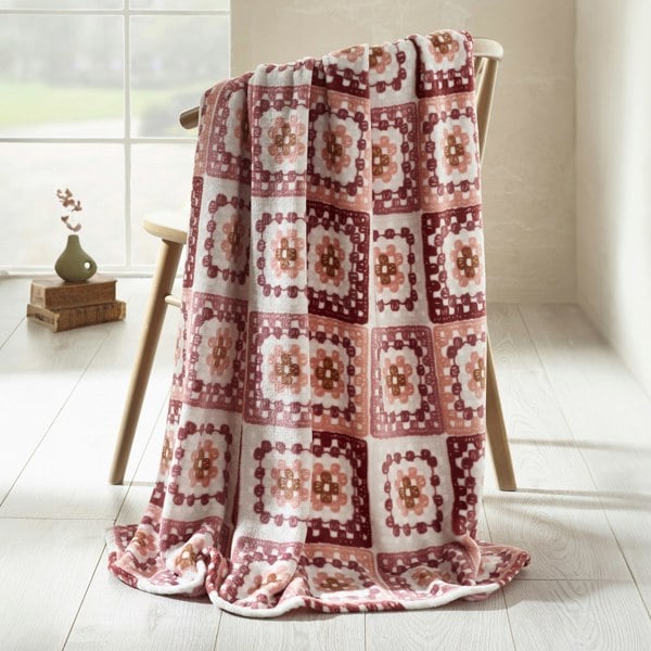 Catherine Lansfield Crochet Print Blanket Throw Pink