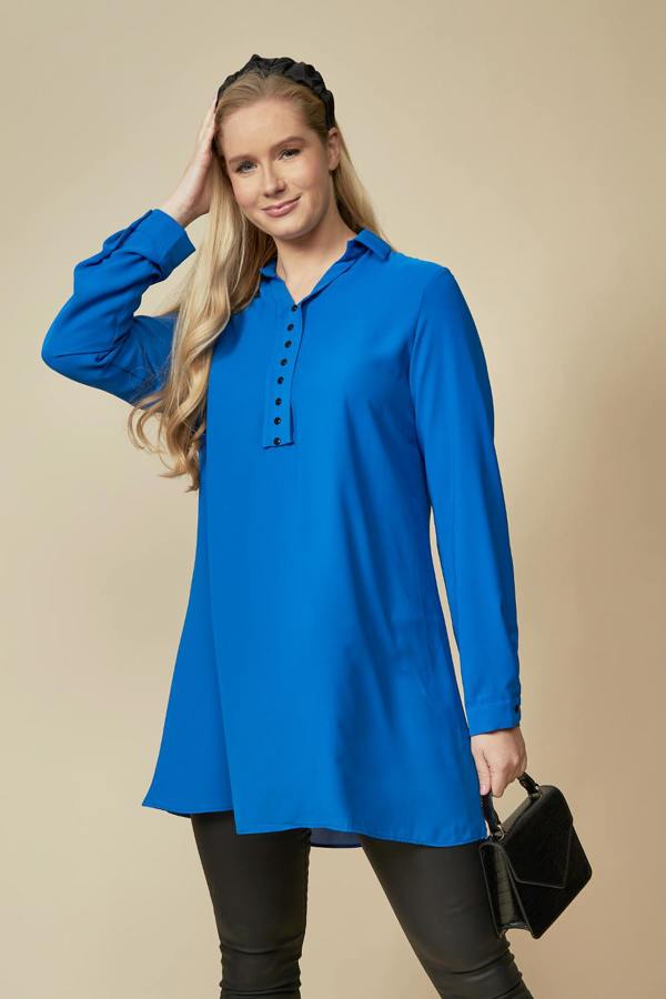Hoxton Gal Tunic Shirt with Button Details in Blue