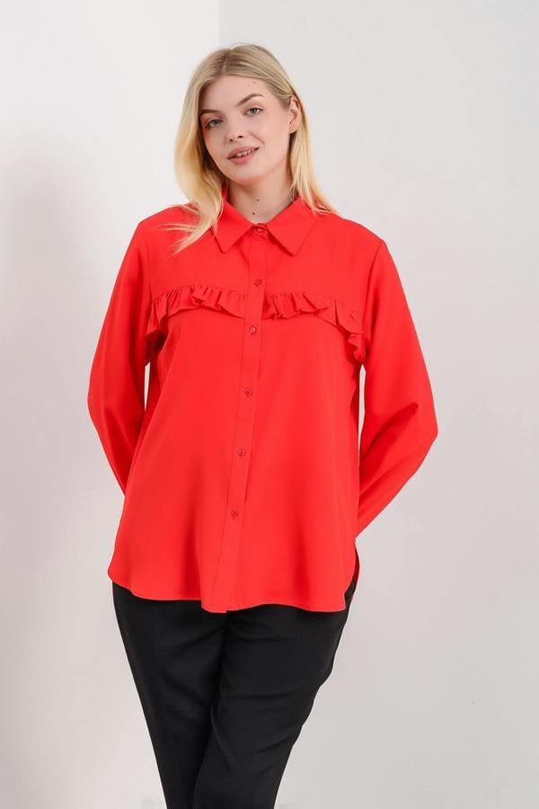 Hoxton Gal Oversized Frill Detailed Long Sleeves Blouse Shirt in Red