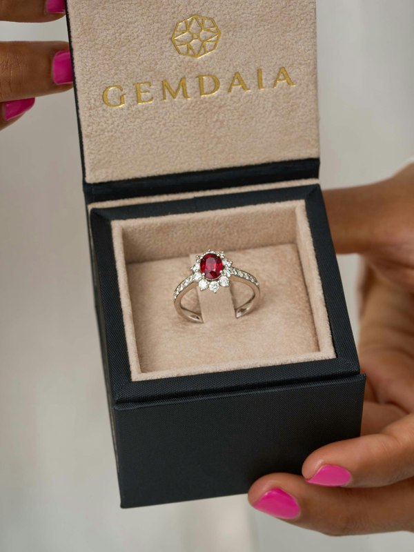 Gemdaia Natural Ruby & Diamond Halo Ring