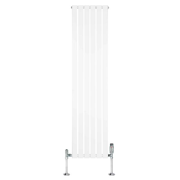 Tall white flat single column radiator with sleek vertical panels and chrome valves, ideal for modern heating solutions