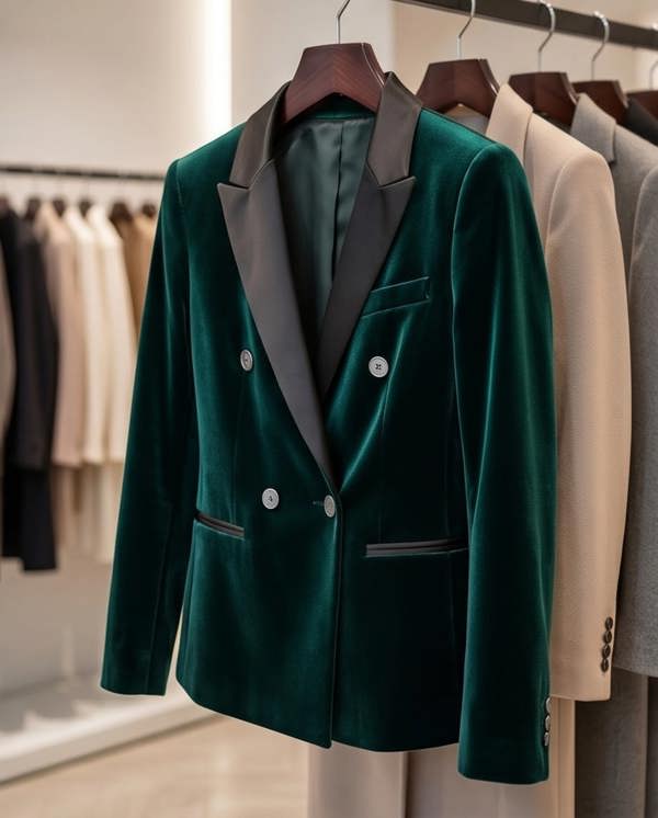 Green double-breasted dinner jacket by PAMONI, tailored fit with peak lapels and button closure, displayed on a hanger.