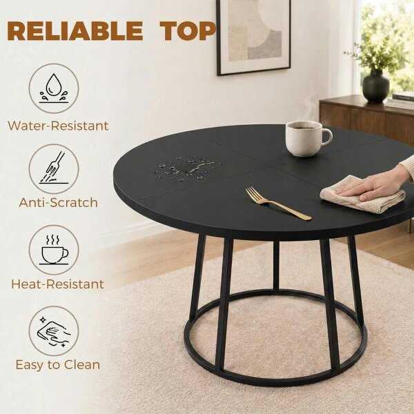 Dining Table Space Saving Kitchen Table Spliced Tabletop Conical Metal Base 120 cm Round Black