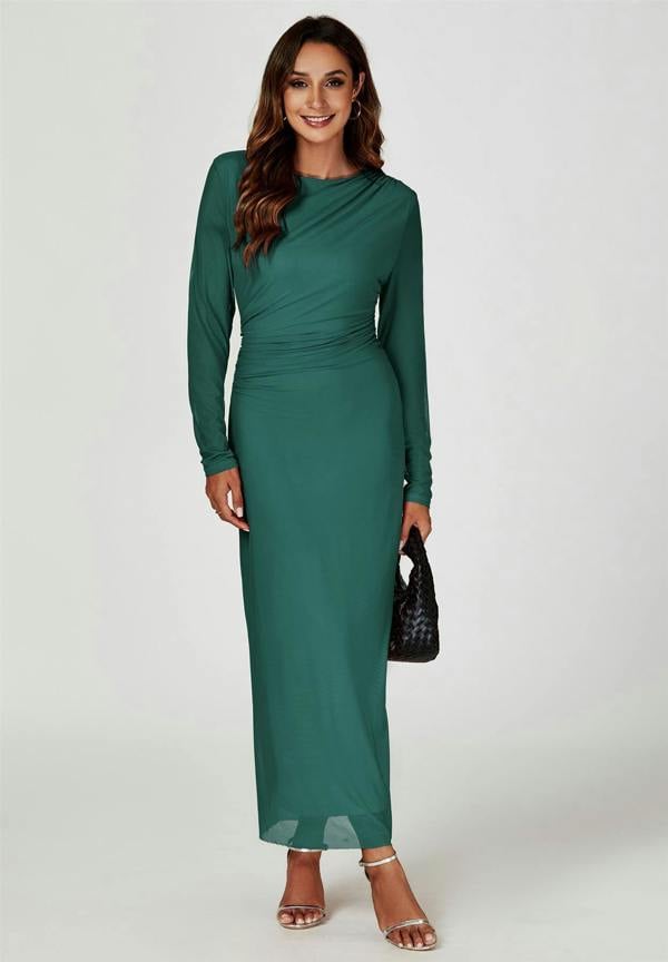 FS Collection Long Sleeves Mesh Maxi Dress In Green