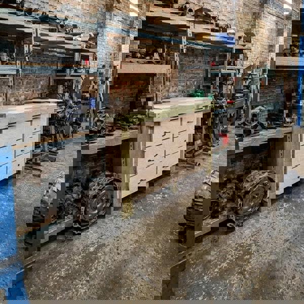 Wooden eucalyptus Top Workbench – Sturdy Tool Cabinet with Multiple Drawers for Organized Storage, Ideal for Dry Indoor Spaces Such as Garages, Workshops, and Studios