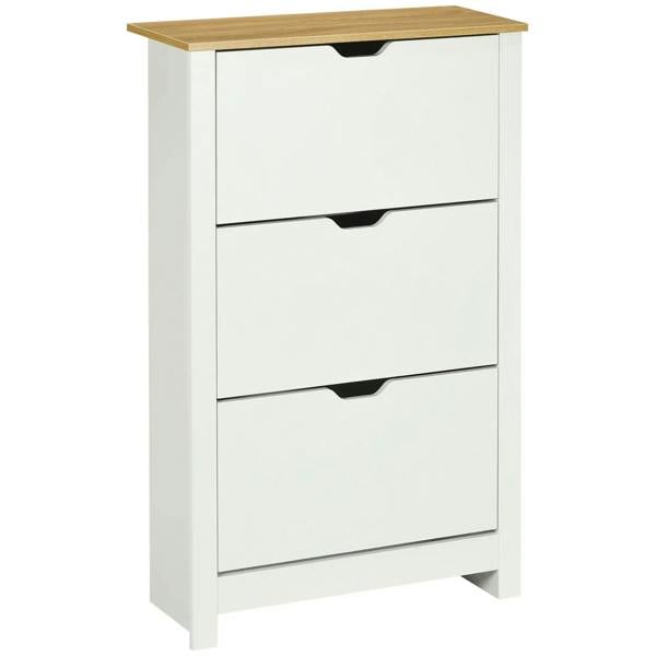 White slim shoe cabinet with 3 flip drawers and light wood top