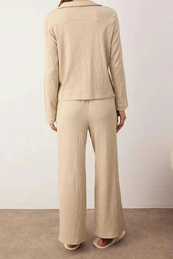 WOVCOR 2-Piece Pocket Shirt Collar Crinkle Textured Knitted Pajama Set