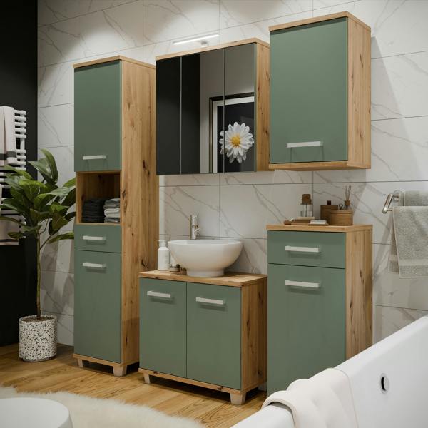 Furniture To Go Veris Under Sink Cabinet with 2 Doors in Artisan Oak and Sage Green Doors