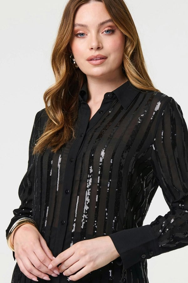 Black | Sequin Striped Sheer Long Sleeve Shirt

