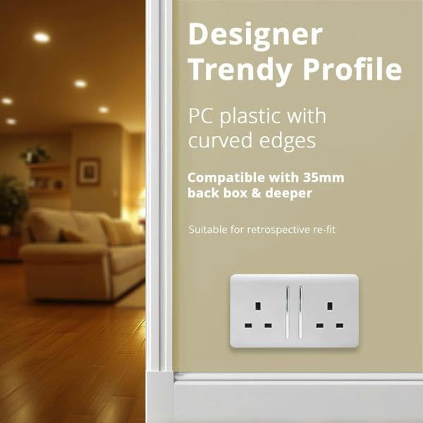Trendi Switch 2 Gang Long Switched Plug Socket in Ice White