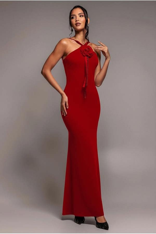 Racer Neck Corsage Scuba Maxi - Red DR4053