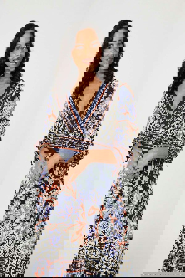 Navy | Floral Border Print V-Neck Midi Dress