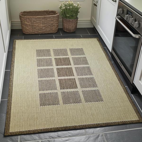 Viva Rugs Non-Slip Beige Brown Rug Geometric Border Design Flat Weave Kitchen Dining Room Living Room Area Mat